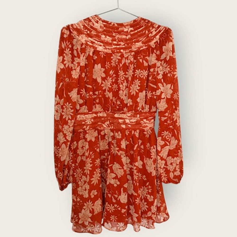 Lulus Small Burnt Orange Floral Mini Dress Long Sleeve Deep V Boho Flowery Beads - Picture 3 of 16
